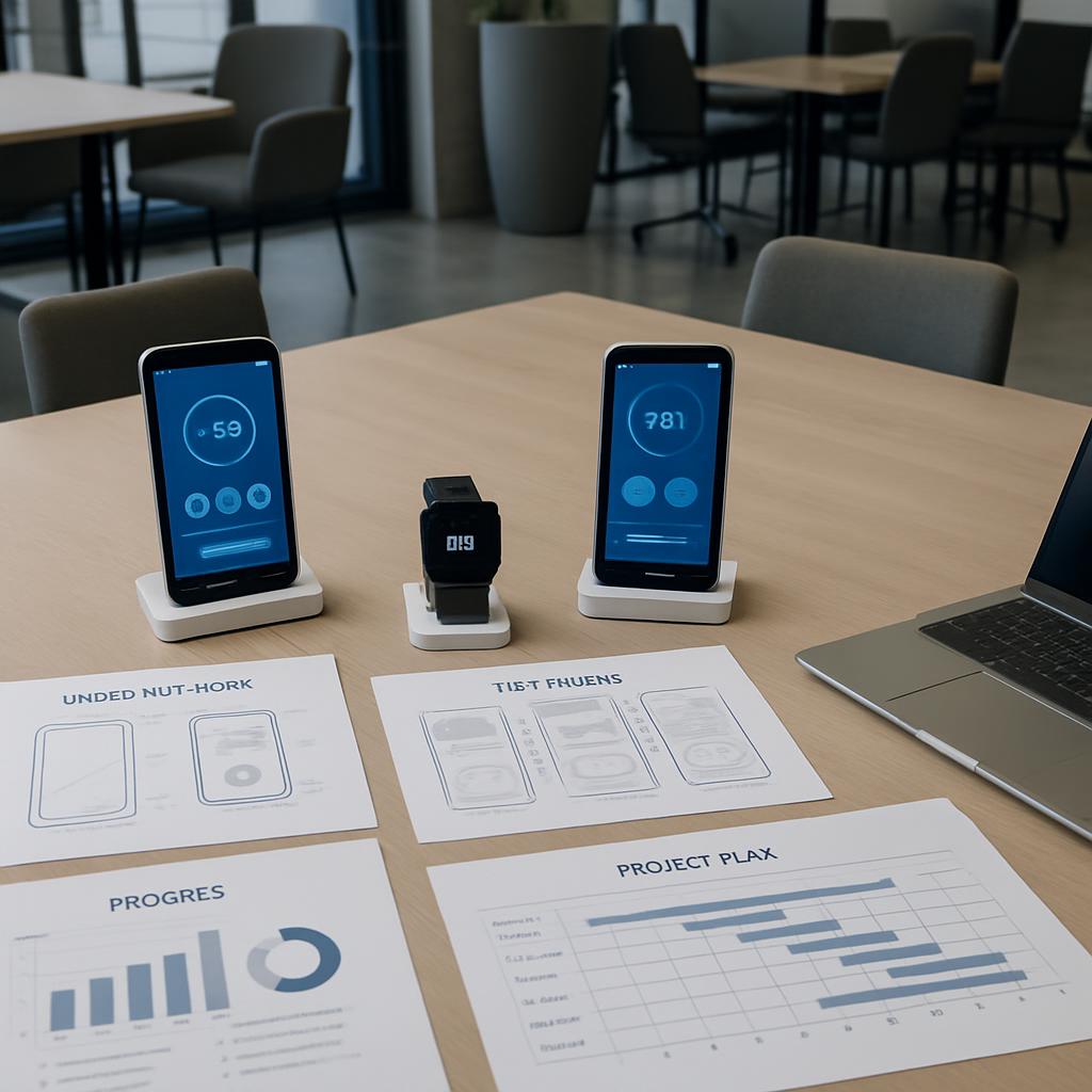 iPhone-propped smart devices, paper charts scattered across a wooden table in close proximity to a laptop keyboard, in a d...